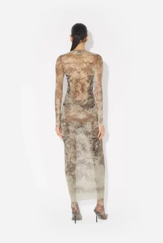 Das lange beige Madaillon-Kleid Das lange beige Madaillon-Kleid